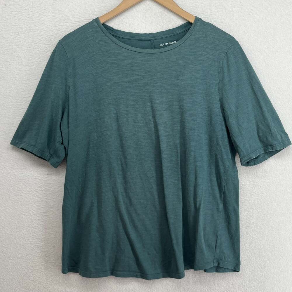 EILEEN FISHER Top M Slub Jersey Organic Cotton Crew Neck Short Sleeve Green